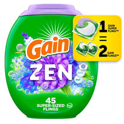 Gain Super Flings Laundry Detergent Pacs, 45 Count, Zen, irresistibly clean and fresh - Available at All In One Marketplace Canada
