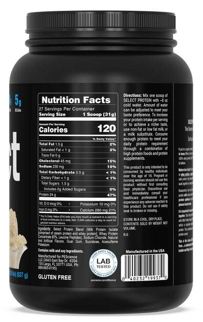 PEScience Select Protein Powder, Whey and Casein Blend, Lean Protein Powder for Women and Men, Low Calorie, Low Carb, Keto Friendly, Gluten Free - Gourmet Vanilla, 27 Servings
