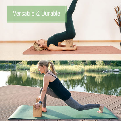 Overmont Cork Yoga Blocks 2 pack with Strap Set Natural Cork Yoga Bricks- High Density & Non-Slip Yoga Accessories for Women - Ideal for Yoga Pilates Fitness and Stretching 9x6x3'' OVERMONT