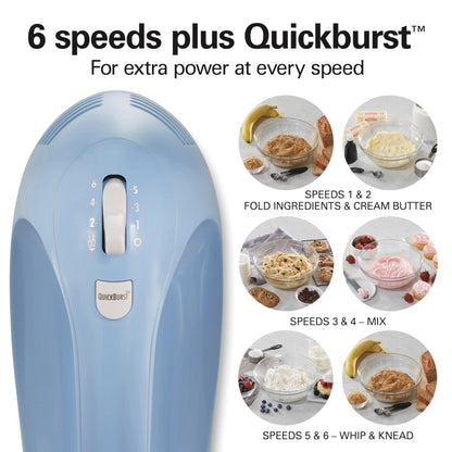 Hamilton Beach 6-Speed Electric Hand Mixer for Baking, 275W, Easy Clean Beaters, Dough Hooks, Whisk, Snap-On Storage Case, Blue (62677J) Hamilton Beach
