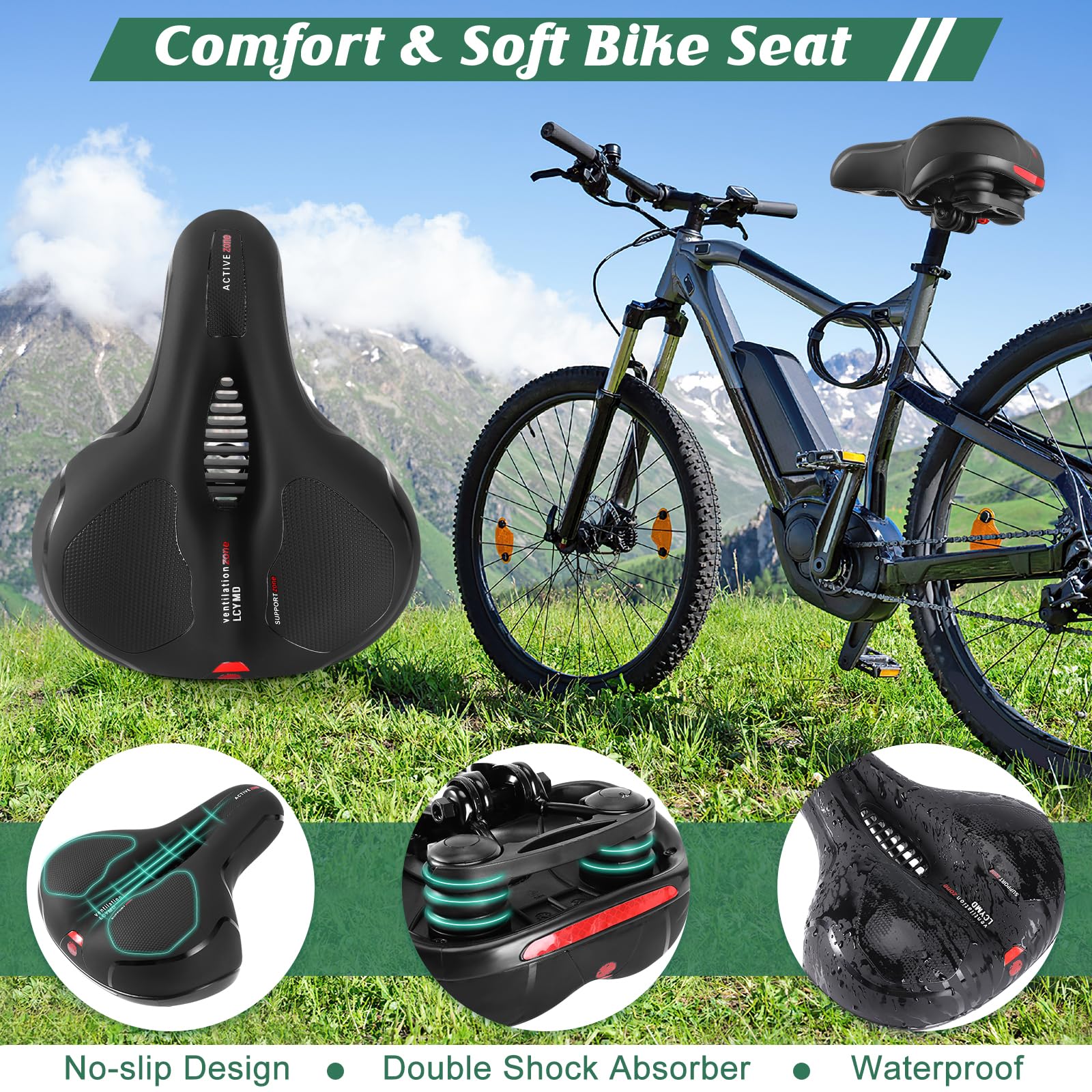 Comfortable Bike Seat for Men Women with Dual Shock Absorbing Ball Waterproof Wide Bicycle Saddle Fit for Most Standard Post