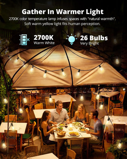 VIPAR Outdoor String Lights 60FT LED Patio Lights Waterproof with 28 Shatterproof ST38 Edison Bulbs Outside Hanging Light Dimmable Connectable for Porch, Deck, Garden, Backyard, Balcony, Decor, 2700K - Available at All In One Marketplace Canada