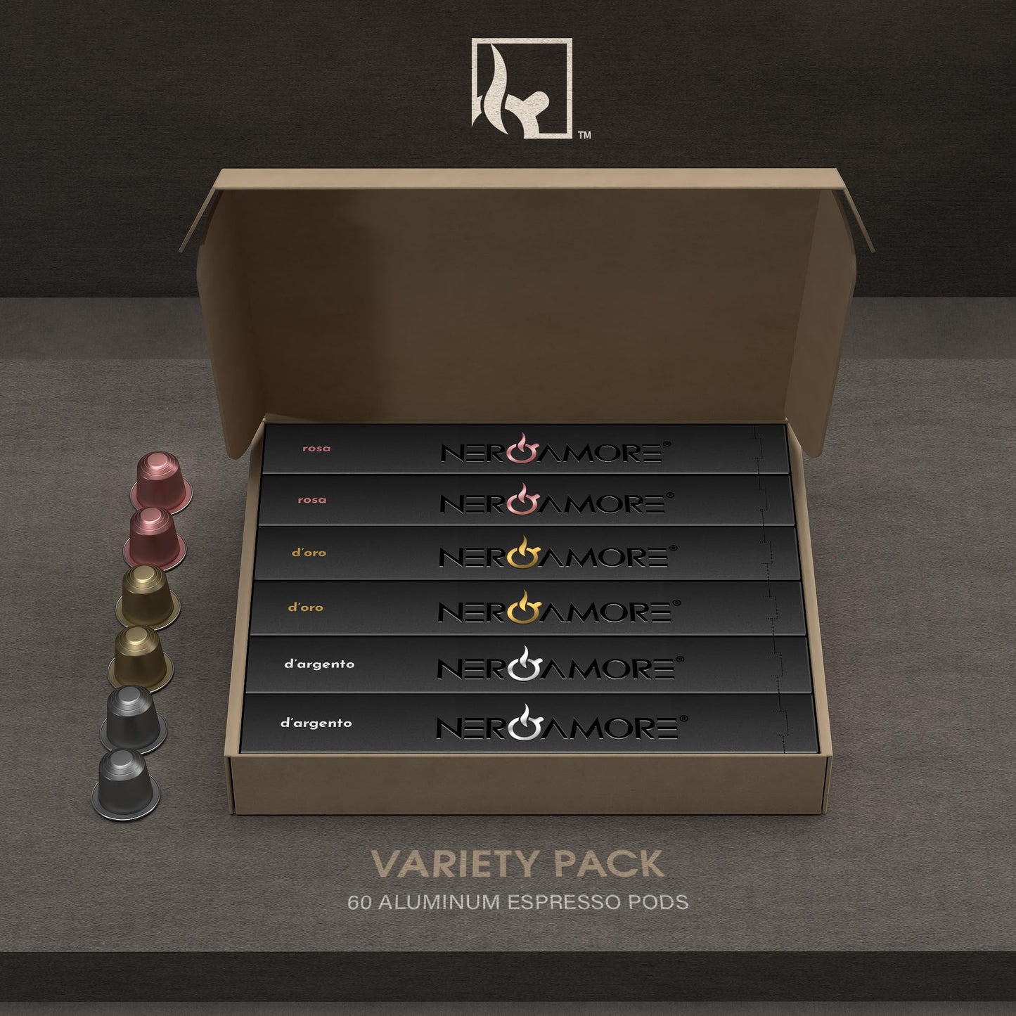 NERO AMORE Espresso Capsule Collection - 60 Nespresso-Compatible Pods with Rosa, D'Oro & D'Argento Varieties