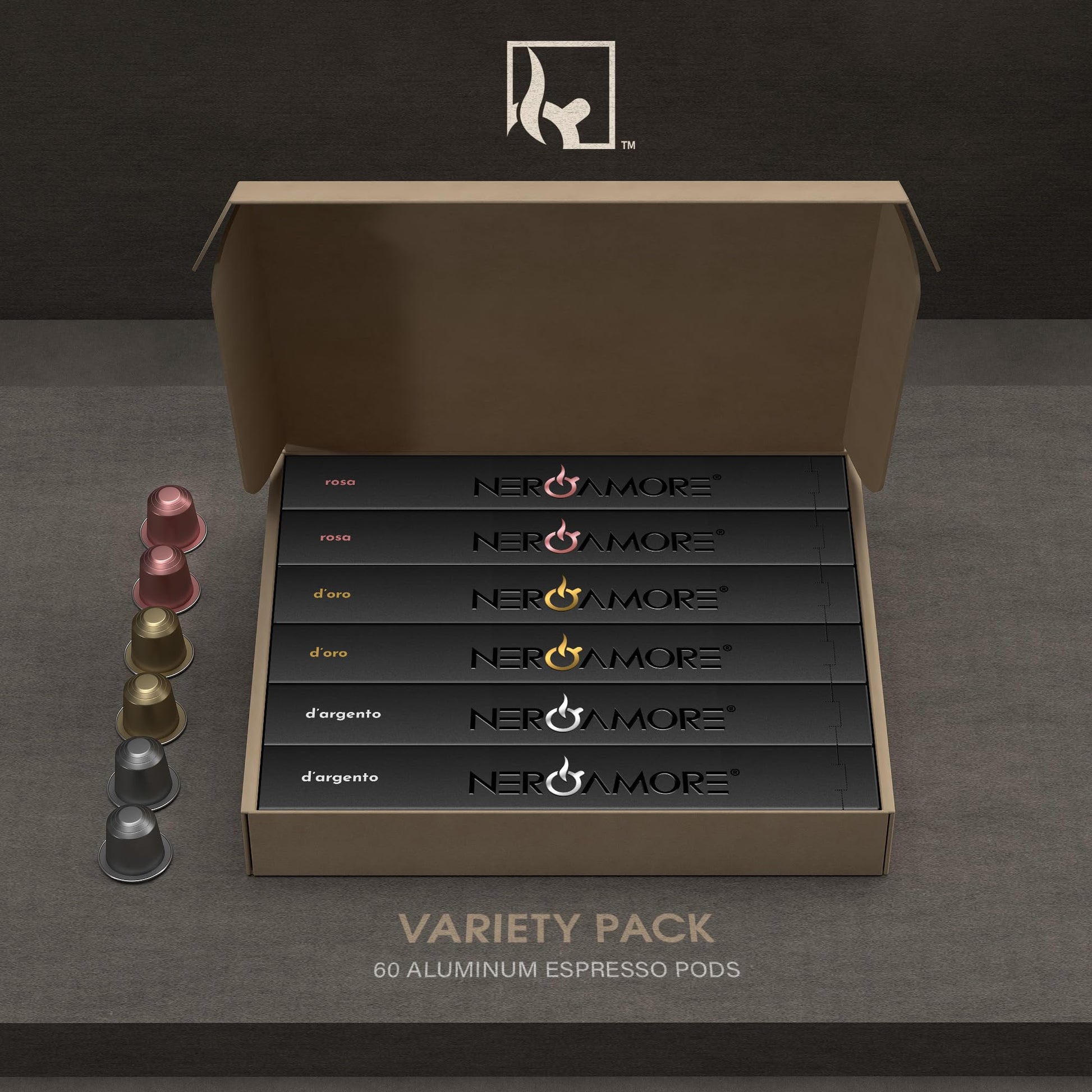 NERO AMORE Espresso Capsule Collection - 60 Nespresso-Compatible Pods with Rosa, D'Oro & D'Argento Varieties