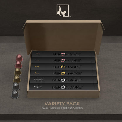 NERO AMORE Espresso Capsule Collection - 60 Nespresso-Compatible Pods with Rosa, D'Oro & D'Argento Varieties