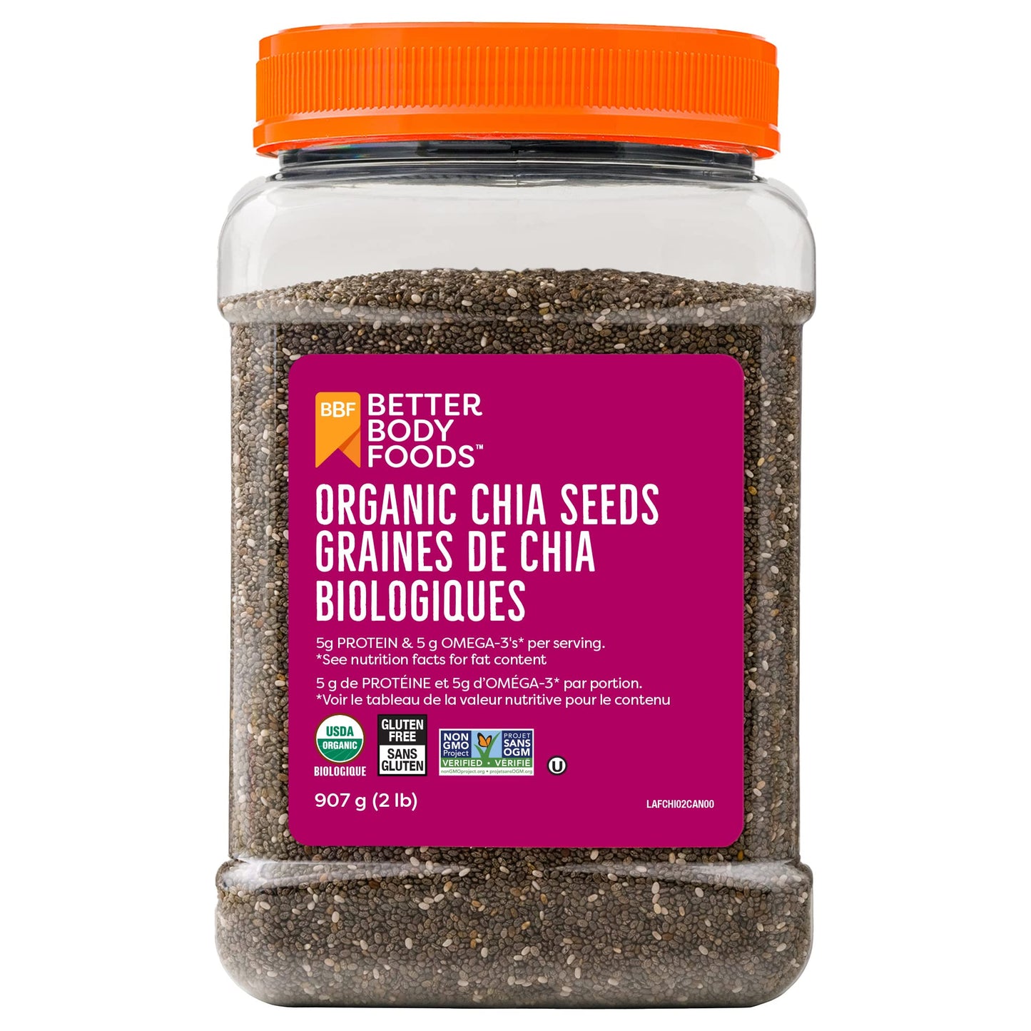 Betterbody Foods Organic Chia Seeds with Omega-3, Non-GMO, Gluten-Free, Vegan, Kosher, 2 pounds (907 grams) - Available at All In One Marketplace Canada