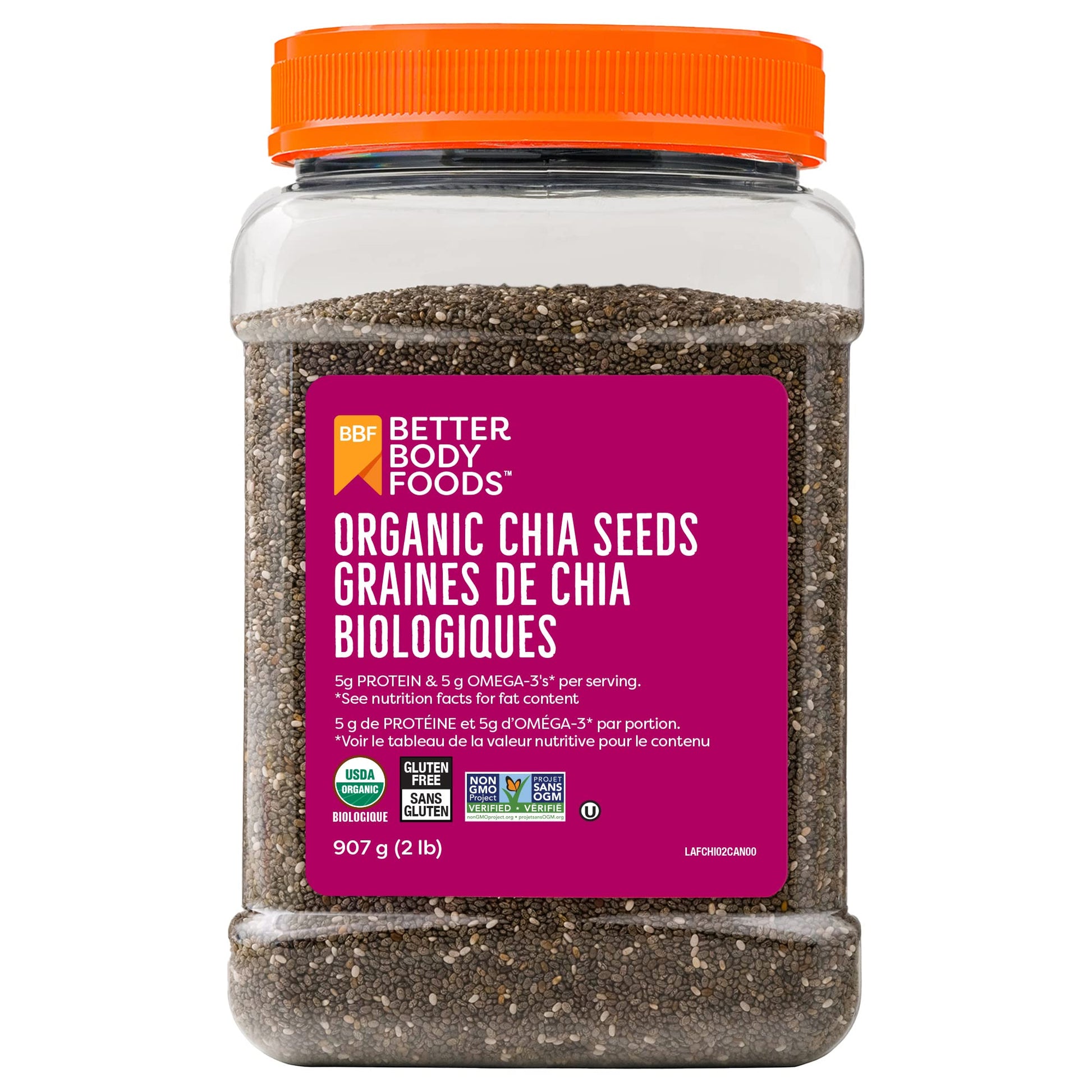 Betterbody Foods Organic Chia Seeds with Omega-3, Non-GMO, Gluten-Free, Vegan, Kosher, 2 pounds (907 grams) - Available at All In One Marketplace Canada