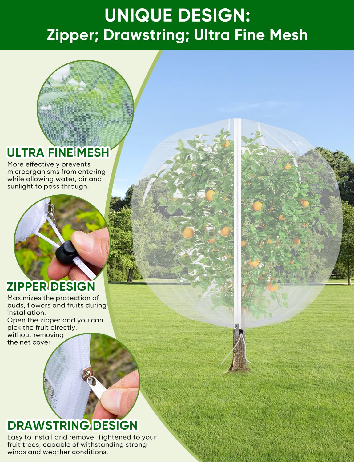 4Pack Garden Fruit Tree Netting for Cicadas with Zipper 150 x 120cm Garden Bird Mesh Netting for Blueberry Bushes with Drawstring,Insect Plant Protection Mesh Net Bags for Tomato,Cicada,Animals