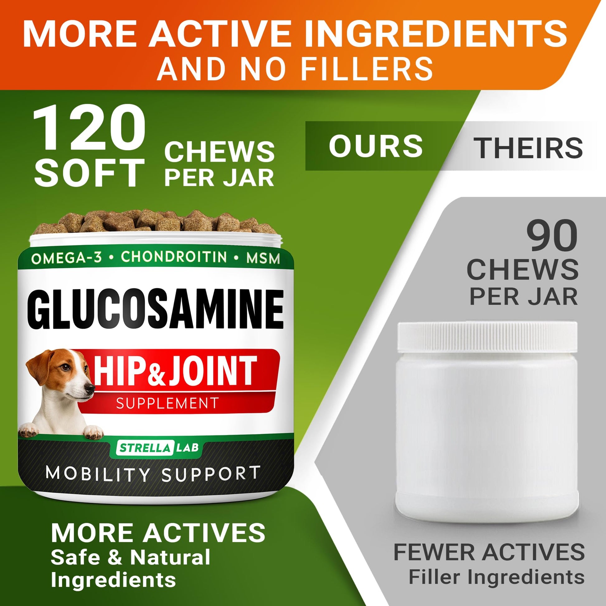 Glucosamine for Dogs w/Chondroitin - Hip & Joint Supplement for Dogs - MSM, Omega to Improve Mobility & Energy - Natural Joint Pain Relief - 120 Chews (Chicken)