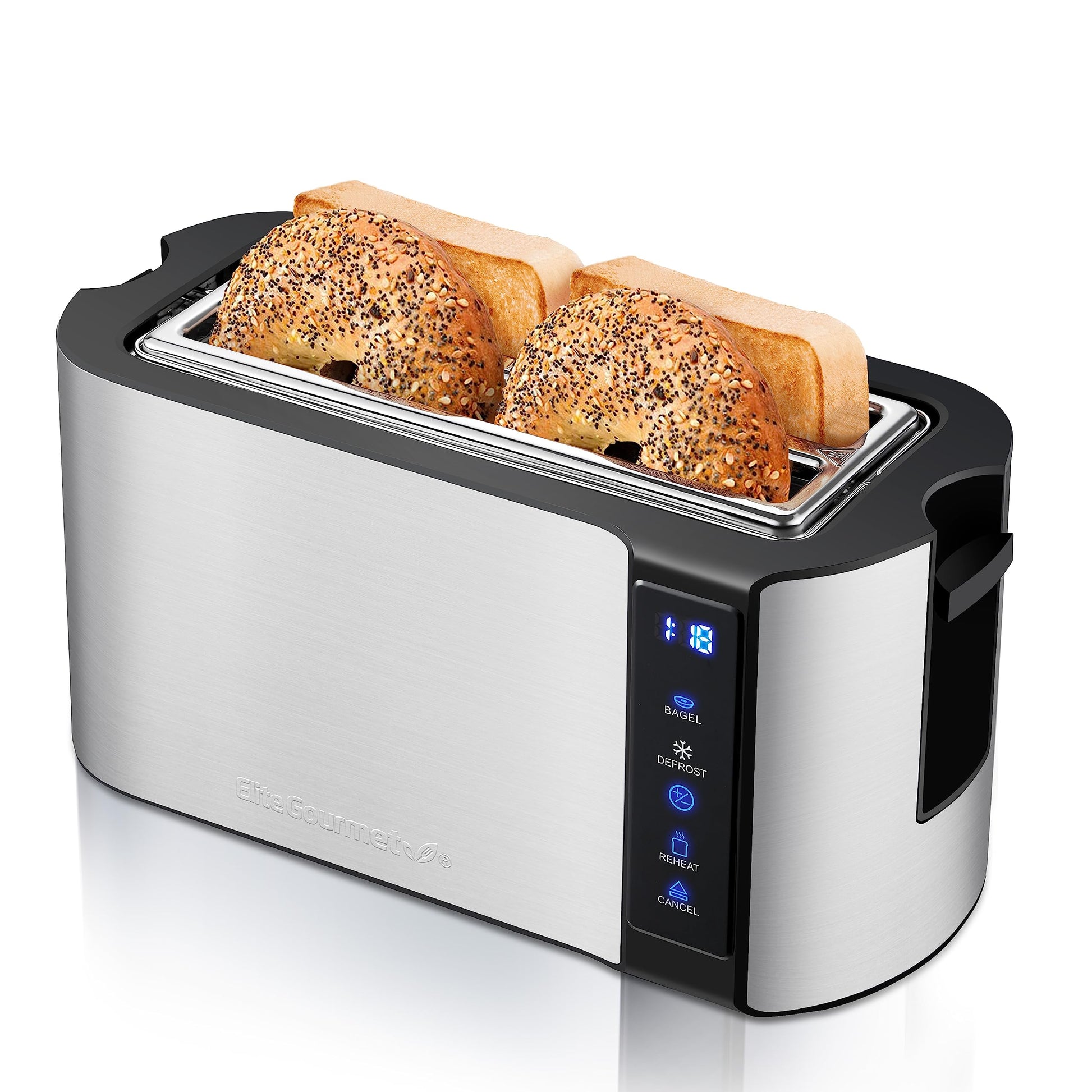 Elite Gourmet ECT5322 Long Slot 4 Slice Toaster, Countdown Timer, Bagel Function, 6 Toast Setting, Defrost, Cancel Function, Built-in Warming Rack, Extra Wide Slots for Bagels Waffles, Stainless Steel Elite Gourmet
