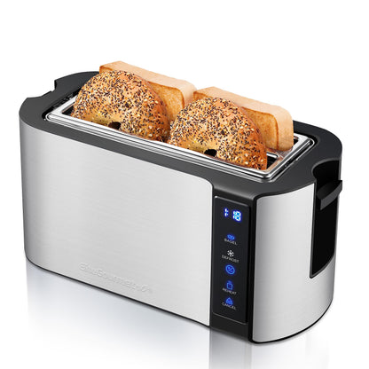 Elite Gourmet ECT5322 Long Slot 4 Slice Toaster, Countdown Timer, Bagel Function, 6 Toast Setting, Defrost, Cancel Function, Built-in Warming Rack, Extra Wide Slots for Bagels Waffles, Stainless Steel Elite Gourmet