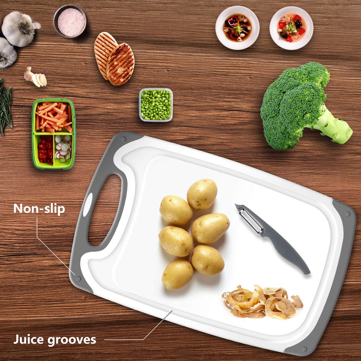 Cutting Boards for Kitchen, Plastic Chopping Board Set of 4 with Non-Slip Feet and Deep Drip Juice Groove, Easy Grip Handle - Available at All In One Marketplace Canada