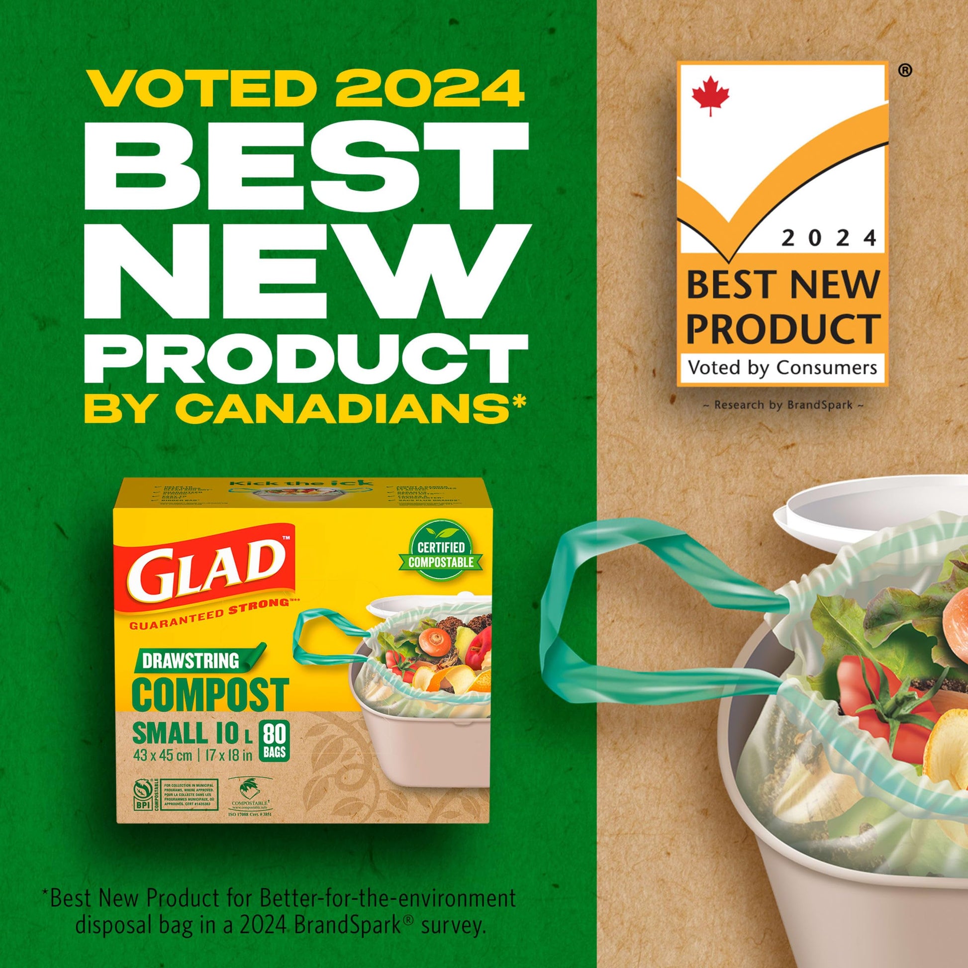 Glad Certified Compostable Drawstring Bags - Small 10 Litres - Drawstring, 80 Compost Trash Bags - Unscented