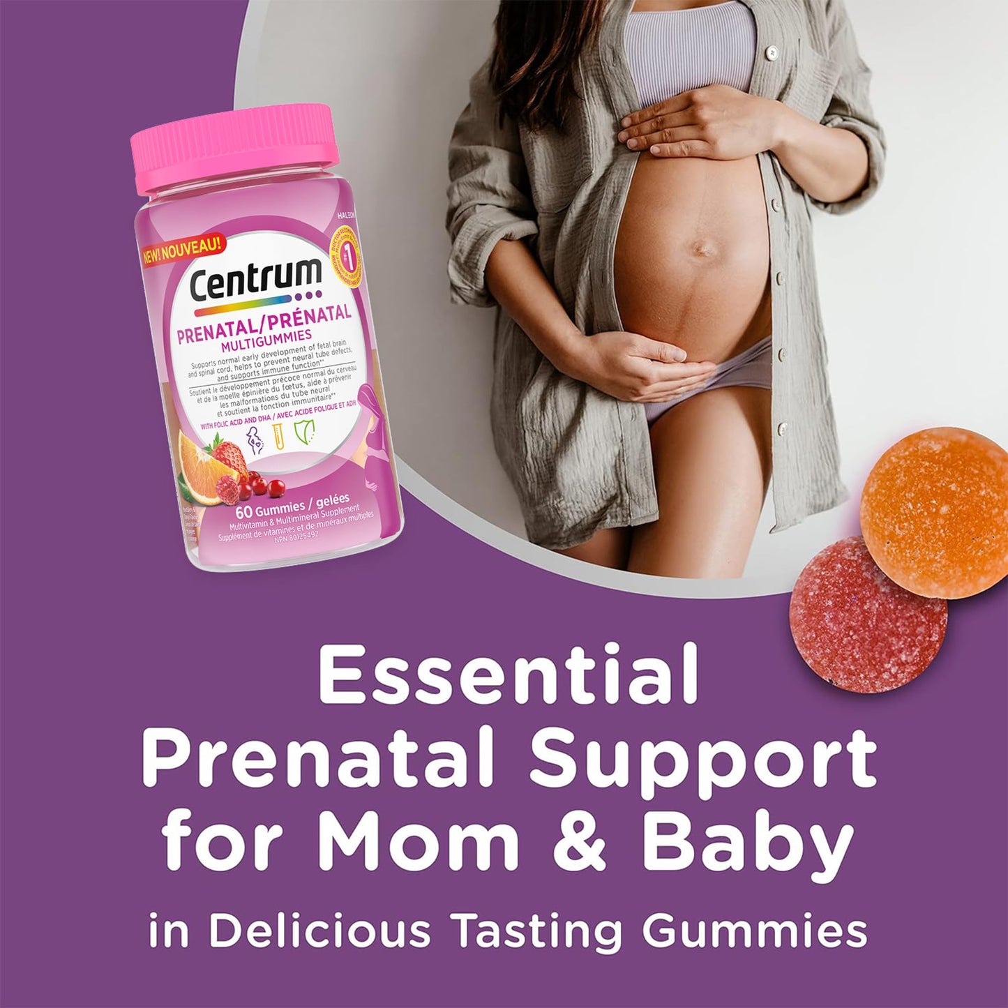 Centrum Prenatal Multigummies with DHA and Folic Acid, Postpartum Multivitamin and Mineral Supplement, 60 count, 30 day supply. - Available at All In One Marketplace Canada