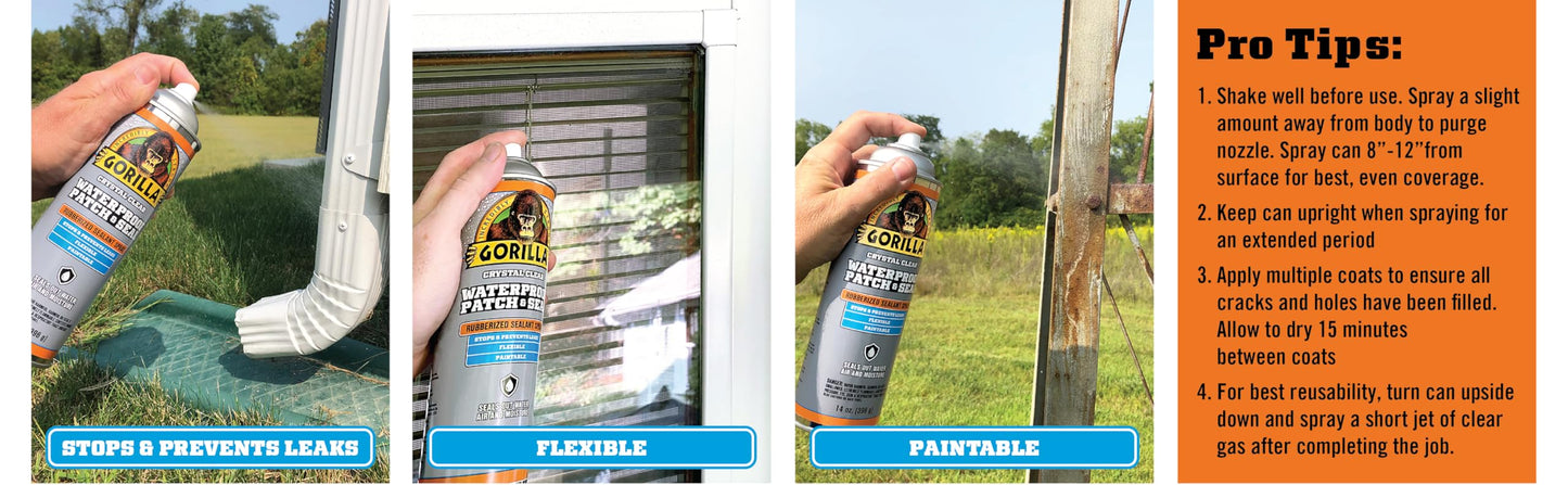 Gorilla Waterproof Patch & Seal Spray, Flexible Rubberized Coating, Seals Out Water Air & Moisture, Stops & Prevents Leaks, Clear, 14oz/396g, (Pack of 1) 🍁 All In One Marketplace Canada