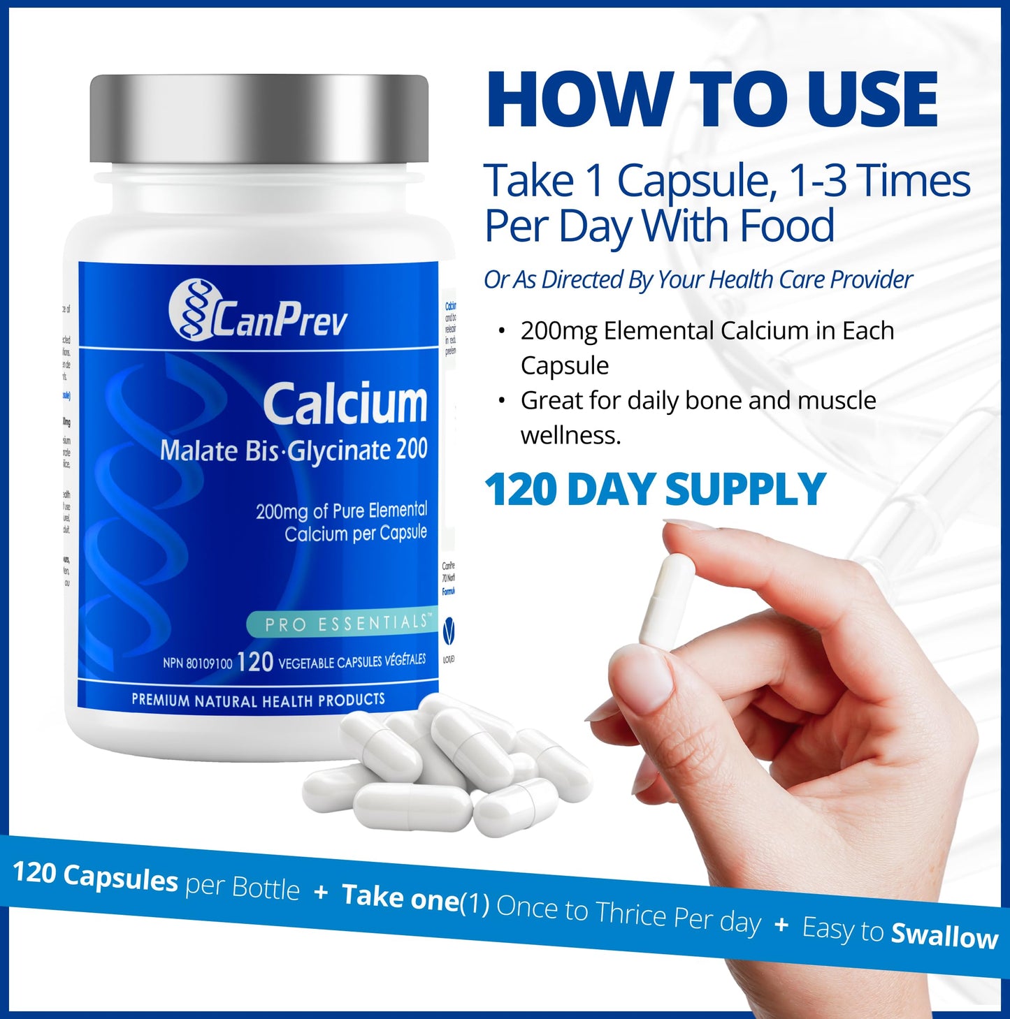 CanPrev Calcium Malate Bis-Glycinate Supplement, 120 Capsules 120-Day Supply - Therapeutic 200mg Elemental - Ideal for Healthy Bones, Teeth, Muscle Cramps and Promote Relaxation - Vegan and Non-GMO - Available at All In One Marketplace Canada