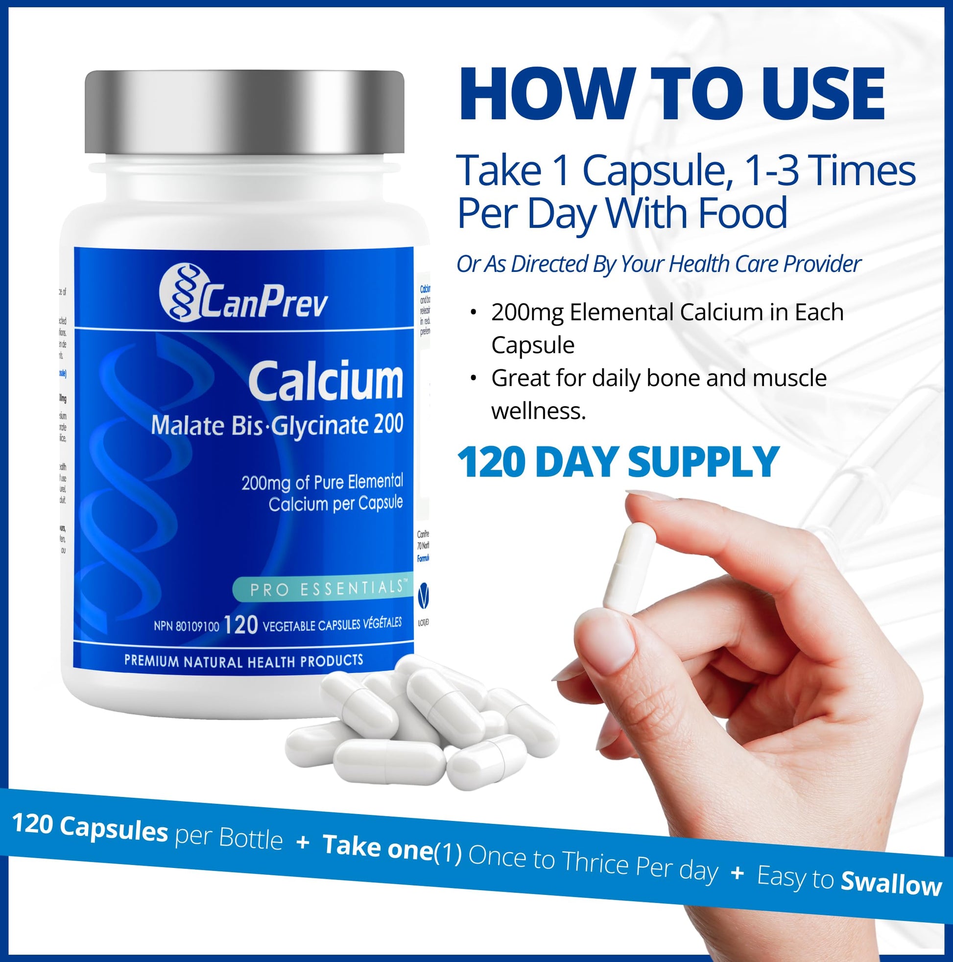 CanPrev Calcium Malate Bis-Glycinate Supplement, 120 Capsules 120-Day Supply - Therapeutic 200mg Elemental - Ideal for Healthy Bones, Teeth, Muscle Cramps and Promote Relaxation - Vegan and Non-GMO - Available at All In One Marketplace Canada