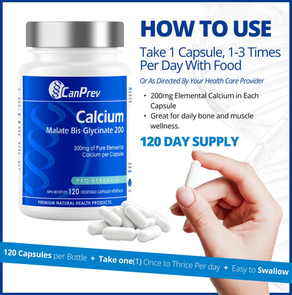 CanPrev Calcium Malate Bis-Glycinate Supplement, 120 Capsules 120-Day Supply - Therapeutic 200mg Elemental - Ideal for Healthy Bones, Teeth, Muscle Cramps and Promote Relaxation - Vegan and Non-GMO - Available at All In One Marketplace Canada