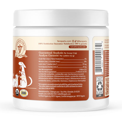 Fera Pets Probiotics for Dogs & Cats with Prebiotics - USDA Organic - Gut Health Powder Supplement with 12 Strains and 5 Billion CFUs - Supports Immunity, Energy and Skin & Coat - 60 Scoops