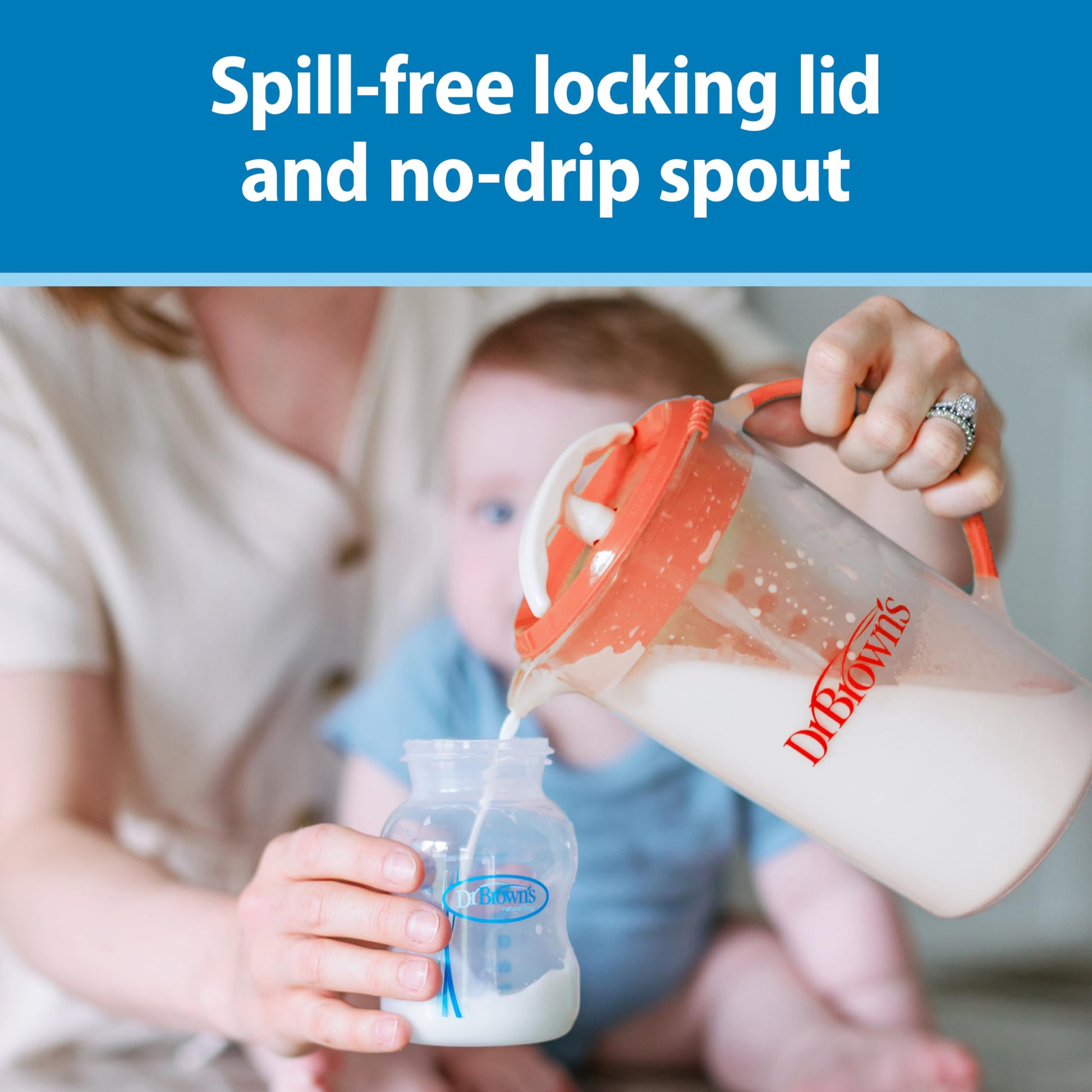 Dr. Brown's Baby Formula Mixing Pitcher with Adjustable Stopper, Locking Lid, & No Drip Spout, 32oz, BPA Free, Blue