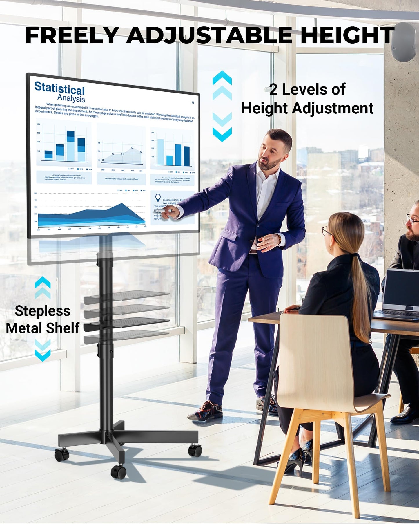 BONTEC Mobile TV Stand with Tilt Function, Rolling TV Cart for 23-60" LED, LCD, OLED TVs, Holds up to 88lbs, Max VESA 400x400mm, Adjustable Media Shelf, TV Stand for Living Room, Bedroom, Office