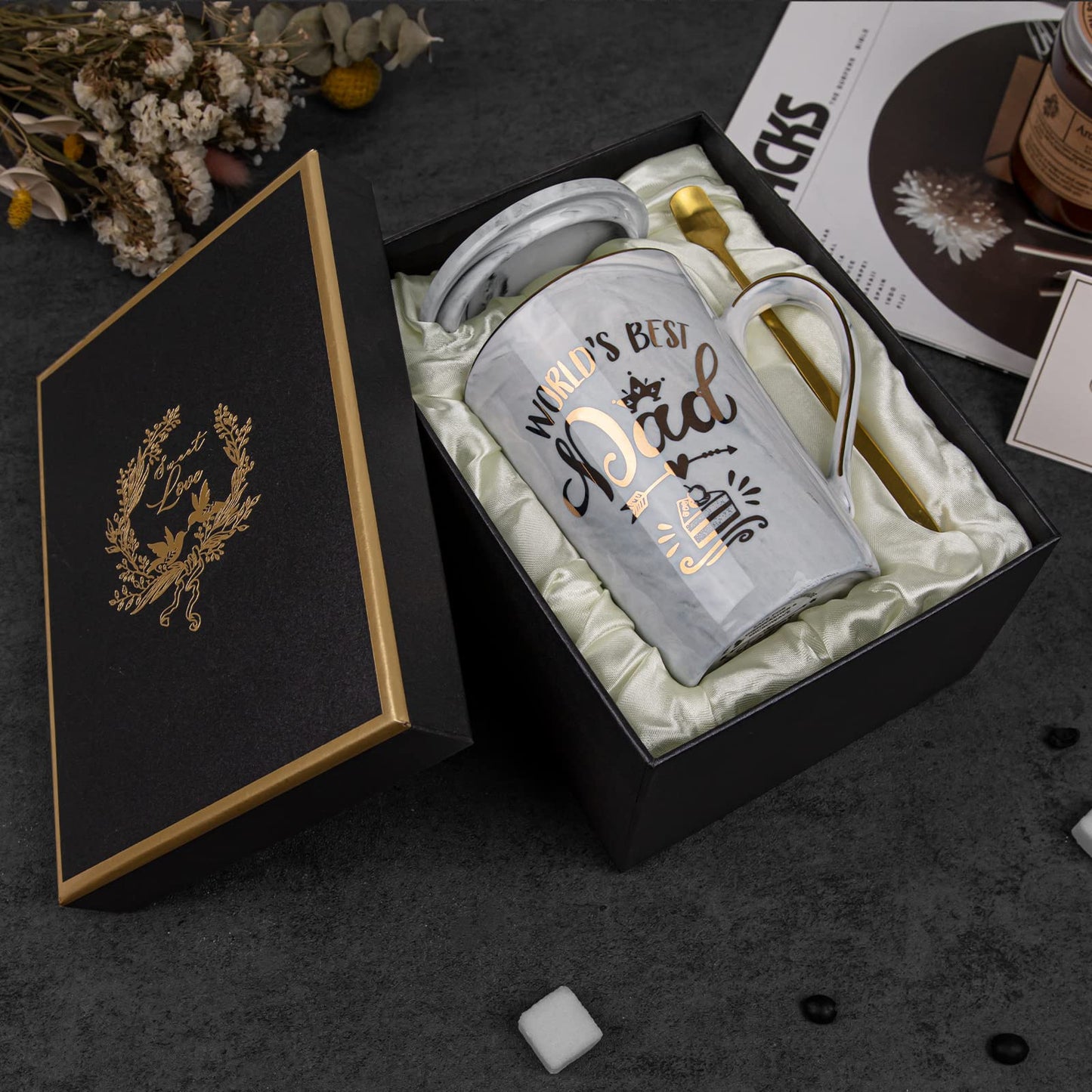 Fathers Day Gifts Presents for Dad - Dad Birthday Gift from Daughter, Son - World' s Best Dad Mug - Christmas Gift for Dad, New Dad, Husband - 14oz Grey Ceramic Coffee Mug, Greeting Card, Gift Box - Available at All In One Marketplace Canada