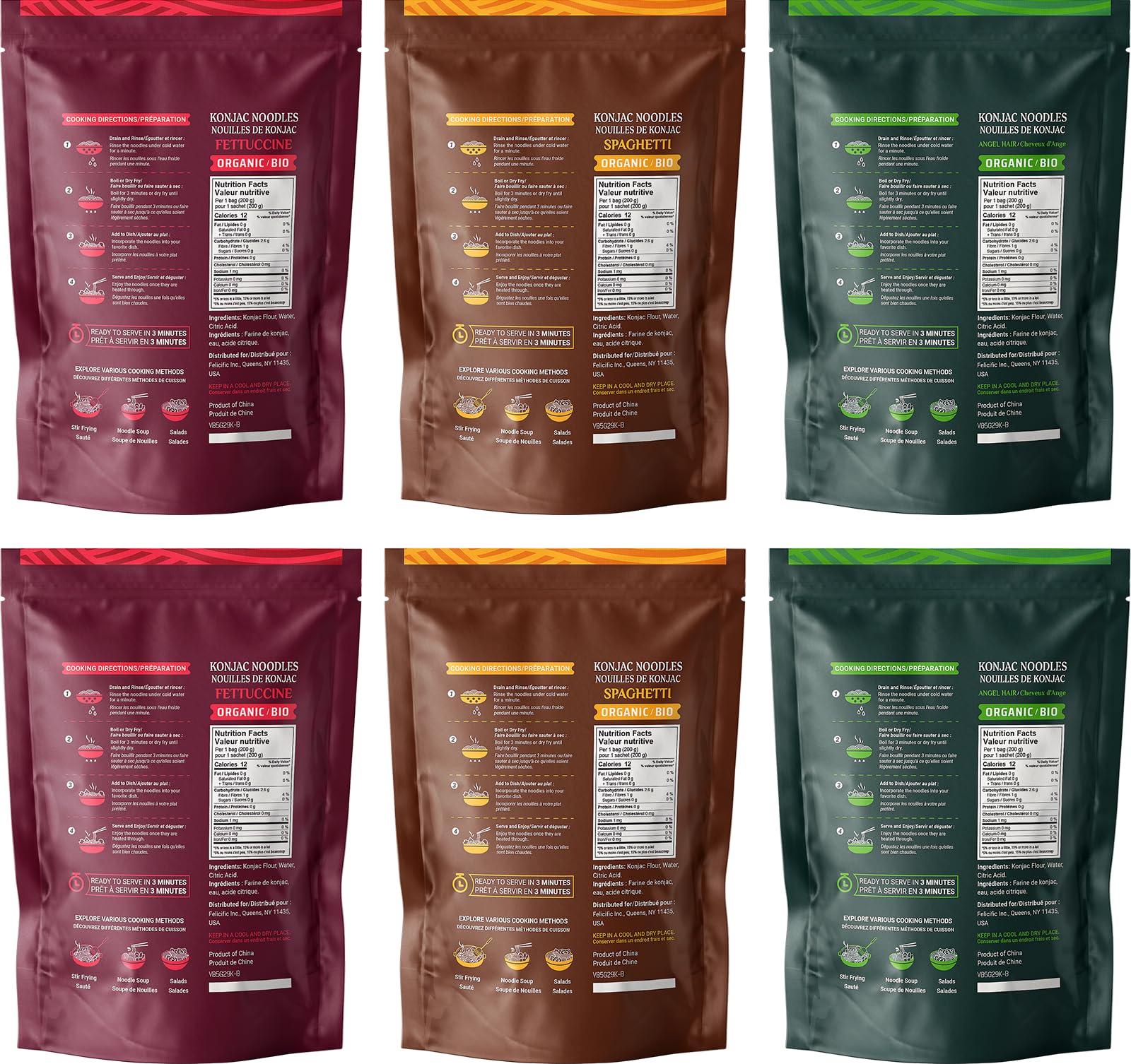 52USA Organic Konjac Shirataki Noodles - Low Carb Pasta Variety Pack (1500g, 6 Pack)