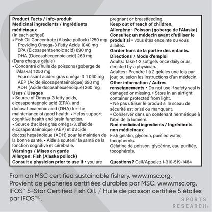 Sports Research® Triple Strength Omega 3 Fish Oil - Burpless Supplement w/EPA & DHA Fatty Acids from Wild Alaskan Pollock - Supports Cognitive Health & Brain Function for Men & Women - 1250mg, 180ct