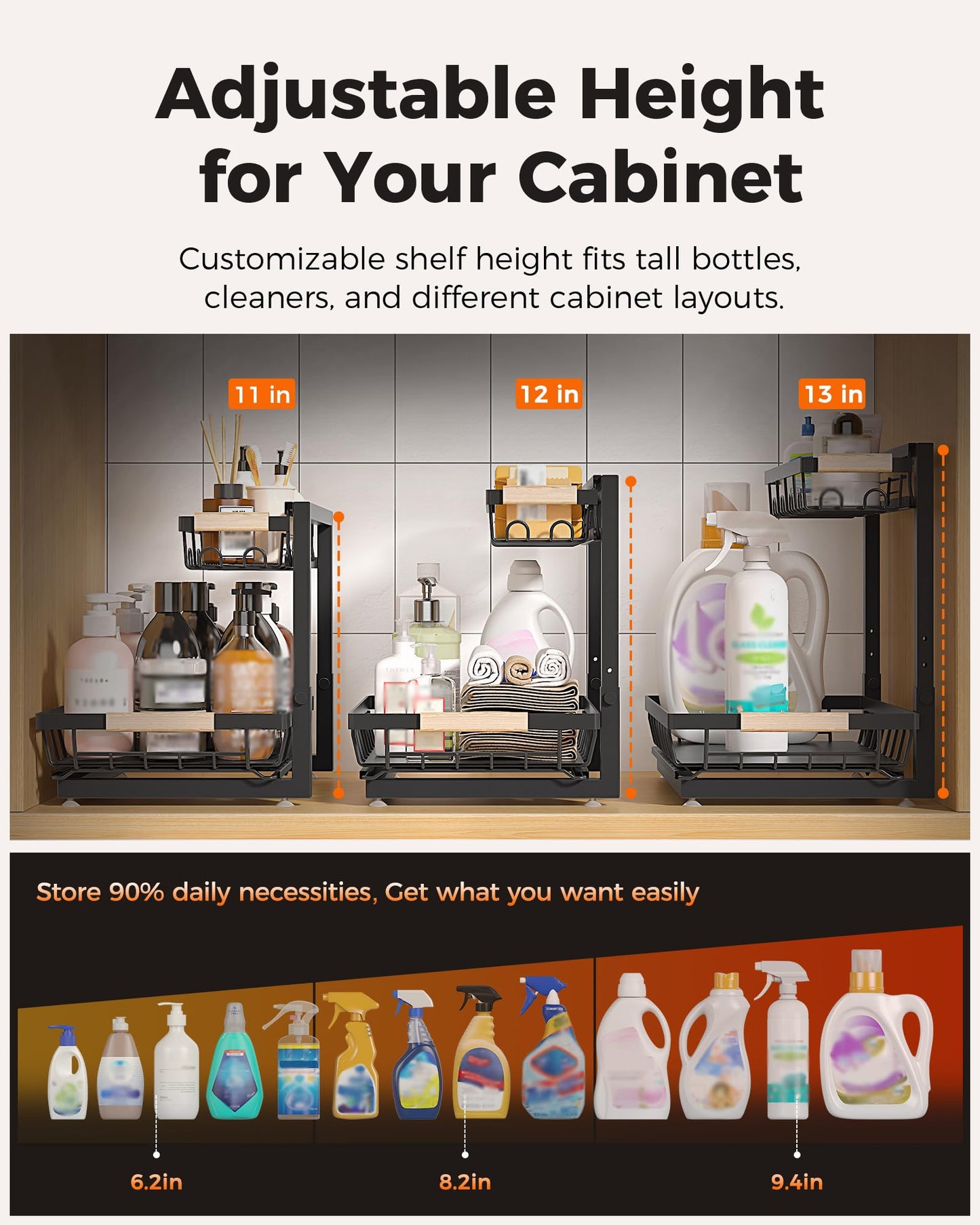 Sevenblue 2 Pack Under Sink Organizer, Height Adjustable 2 Tier Under Sink Organizer Kitchen, Multi-Purpose Storage Shelf for Kitchen Bathroom Cabinet (Black, Large) - Available at All In One Marketplace Canada