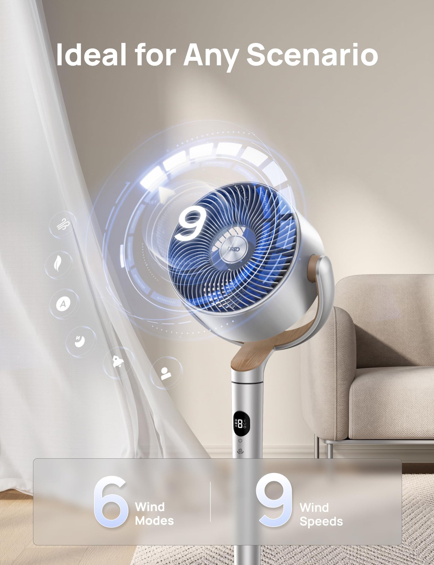 DREO Smart Fans for Bedroom, 120° +120° Omni-Directional Oscillating Fan, 90ft Quiet Pedestal Fan with RGB Light, 9 Speeds, 6 Modes, 20dB, 8H Timer, Wi-Fi/Voice, 37-42" Floor Fans with Remote, Silver