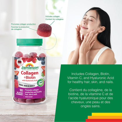 Jamieson Collagen and Biotin Bilayer Gummy with Hyaluronic Acid and Vitamin C, Mixed Berry Flavour, Healthy Hair, Skin & Nails, Supports Collagen Production, Source of Antioxidants, Beauty Gummy, NON-GMO, No Gluten, No Lactose, No Artificial Colours, Flav Jamieson