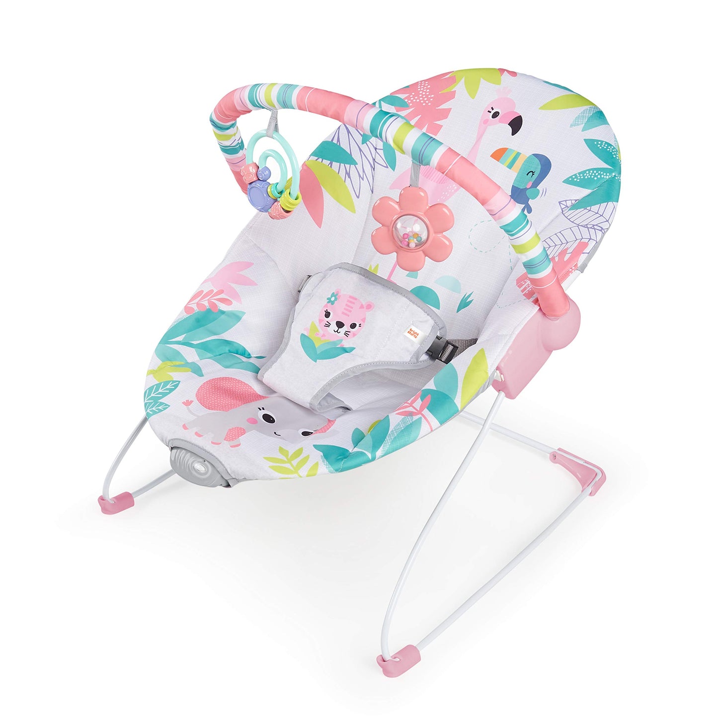 Bright Starts Flamingo Vibes 3-Point Harness Harness Vibrating Baby Bouncer with -Toy bar 🍁 All In One Marketplace Canada