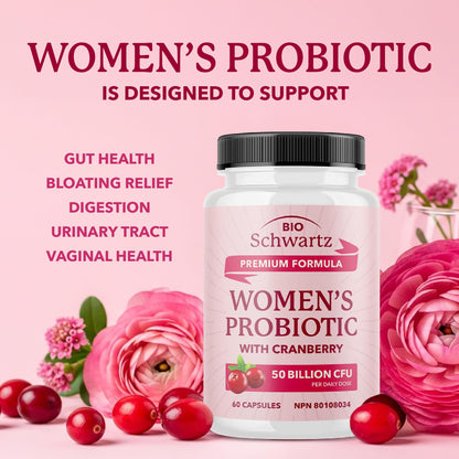 Womens Probiotic with Cranberry | 50 Billion CFU for Gut Health, Bloating Relief & Digestive Support | With Cranberry for Vaginal Health | Gut Health Supplements for Women | Made in Canada | 60 Ct.