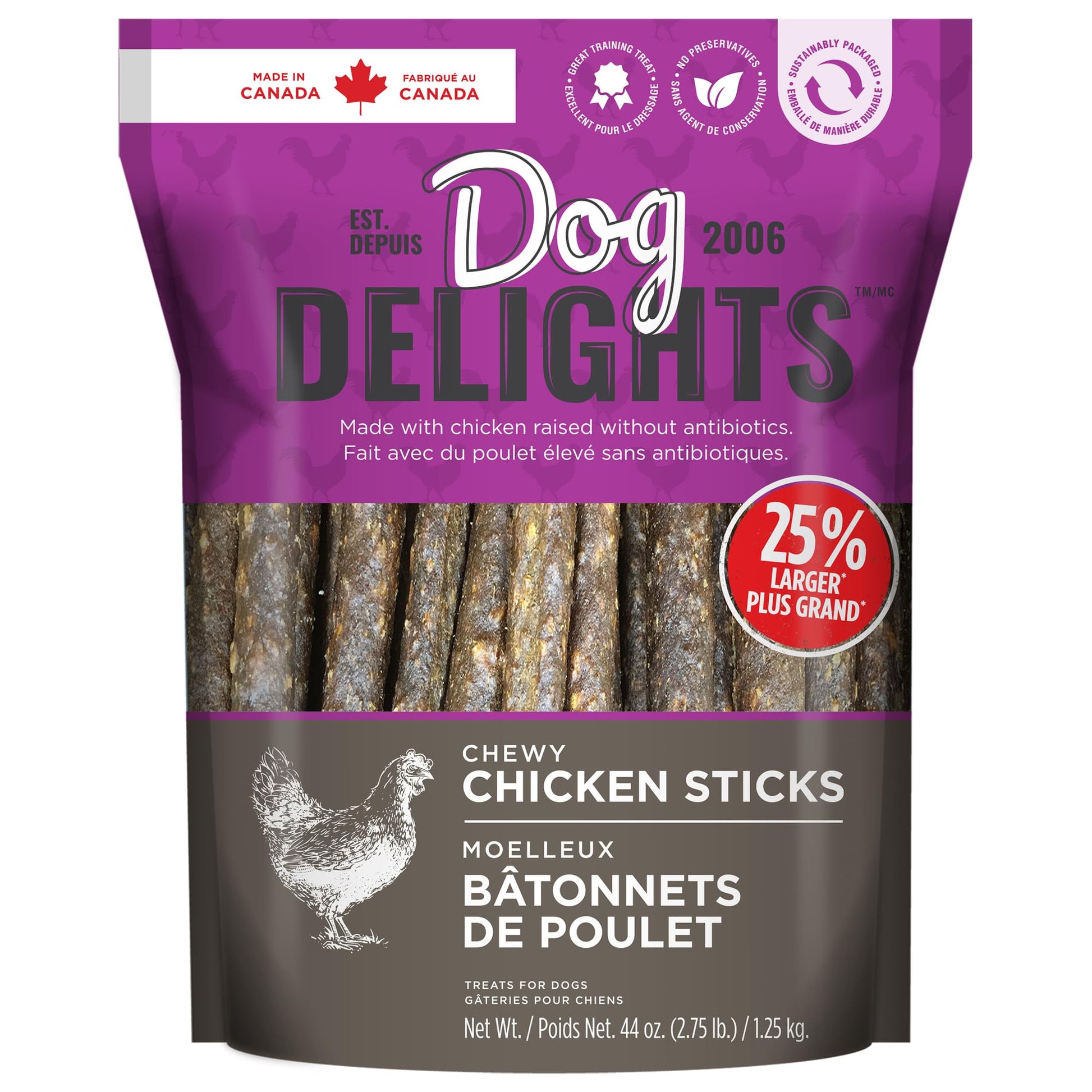 Dog Delights Chewy Chicken Sticks, All Natural & Preservative Free Training Dog Treats - 1.25 kg Dog Delights