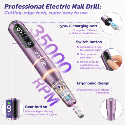 Breosic Electric Nail Drill 35000RPM,12-in-1 Nail File Portable USB-Rechargeable Cordless Nail Drill Professional with 9-Speed & LED Display Manicure Pedicure Nail Kits for Acrylic & Gel Nails(Purple) - Available at All In One Marketplace Canada