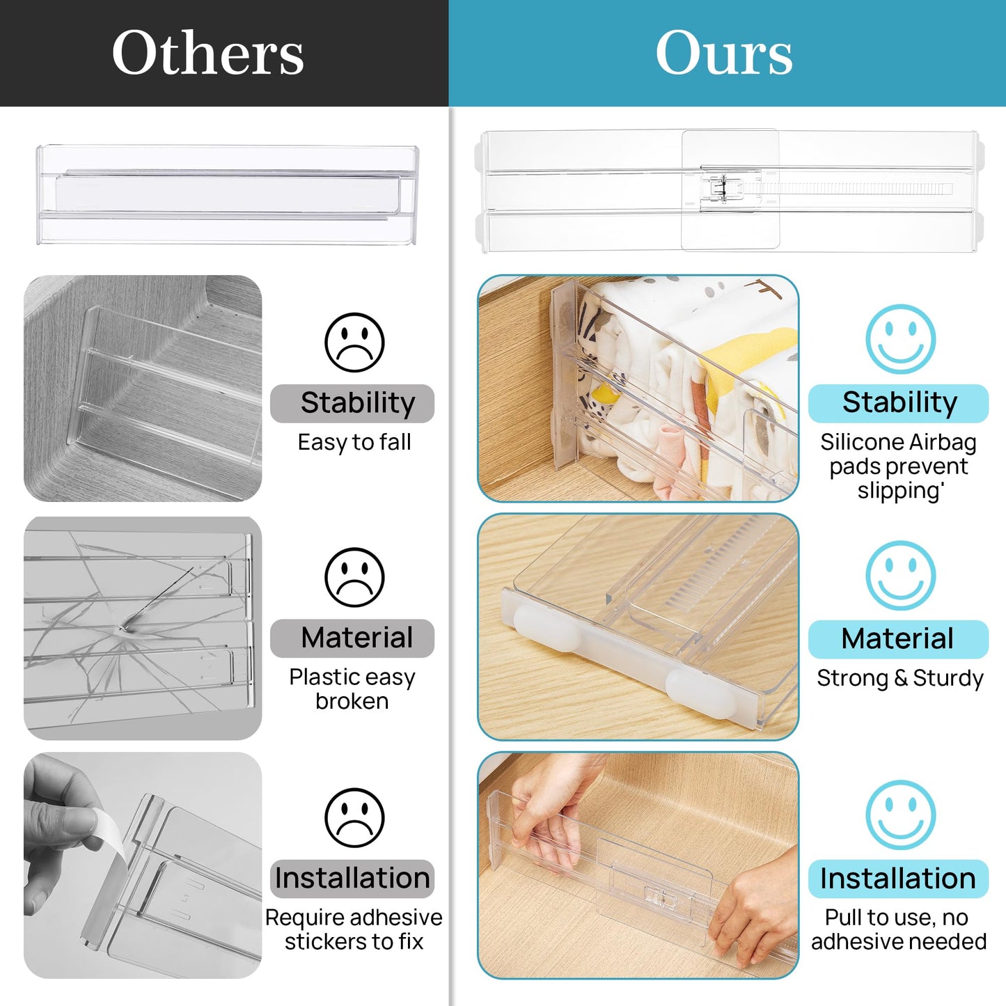 Vtopmart 8 Pack Drawer Dividers for Clothes, Adjustable 4" High Expandable from 10.2"-16.5" Dresser Drawer Organizer, Clear Plastic Dresser Organizer for Baby Clothes, Underwear, Socks - Available at All In One Marketplace Canada