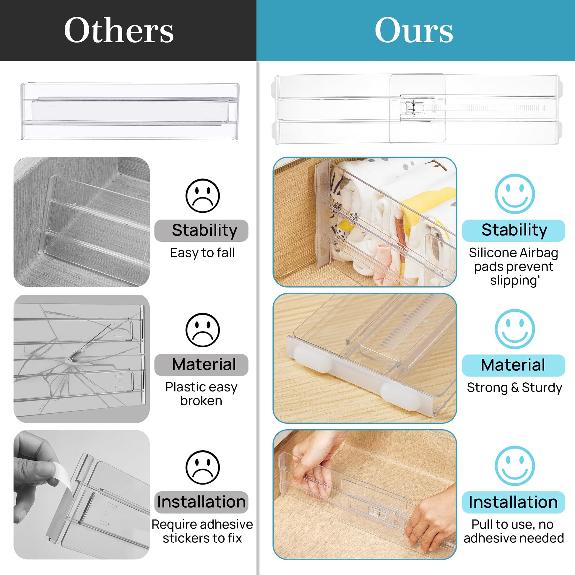Vtopmart 8 Pack Drawer Dividers for Clothes, Adjustable 4" High Expandable from 10.2"-16.5" Dresser Drawer Organizer, Clear Plastic Dresser Organizer for Baby Clothes, Underwear, Socks - Available at All In One Marketplace Canada