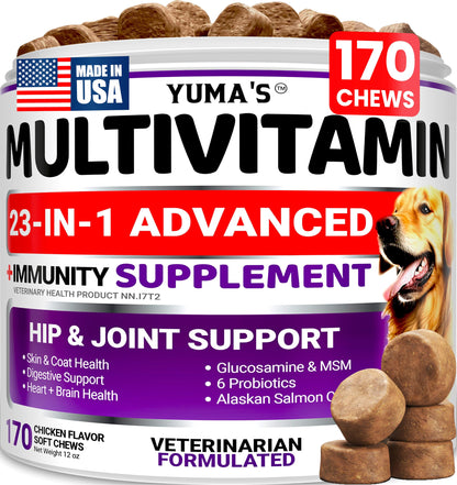 Dog Multivitamin Chewable with Glucosamine - 170 Chews - Dog Vitamins and Supplements 23 in 1 - Senior & Puppy Multivitamin for Dogs - Hip & Joint Support - Immune Health, Skin, Digestion