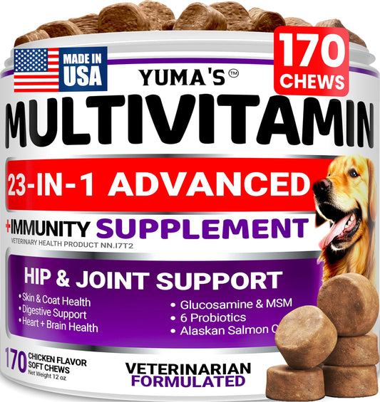 Dog Multivitamin Chewable with Glucosamine - 170 Chews - Dog Vitamins and Supplements 23 in 1 - Senior & Puppy Multivitamin for Dogs - Hip & Joint Support - Immune Health, Skin, Digestion