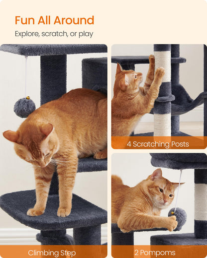 Feandrea Cat Tree Tower, 112 cm, 2 Perches, Hammock, Smoky Gray