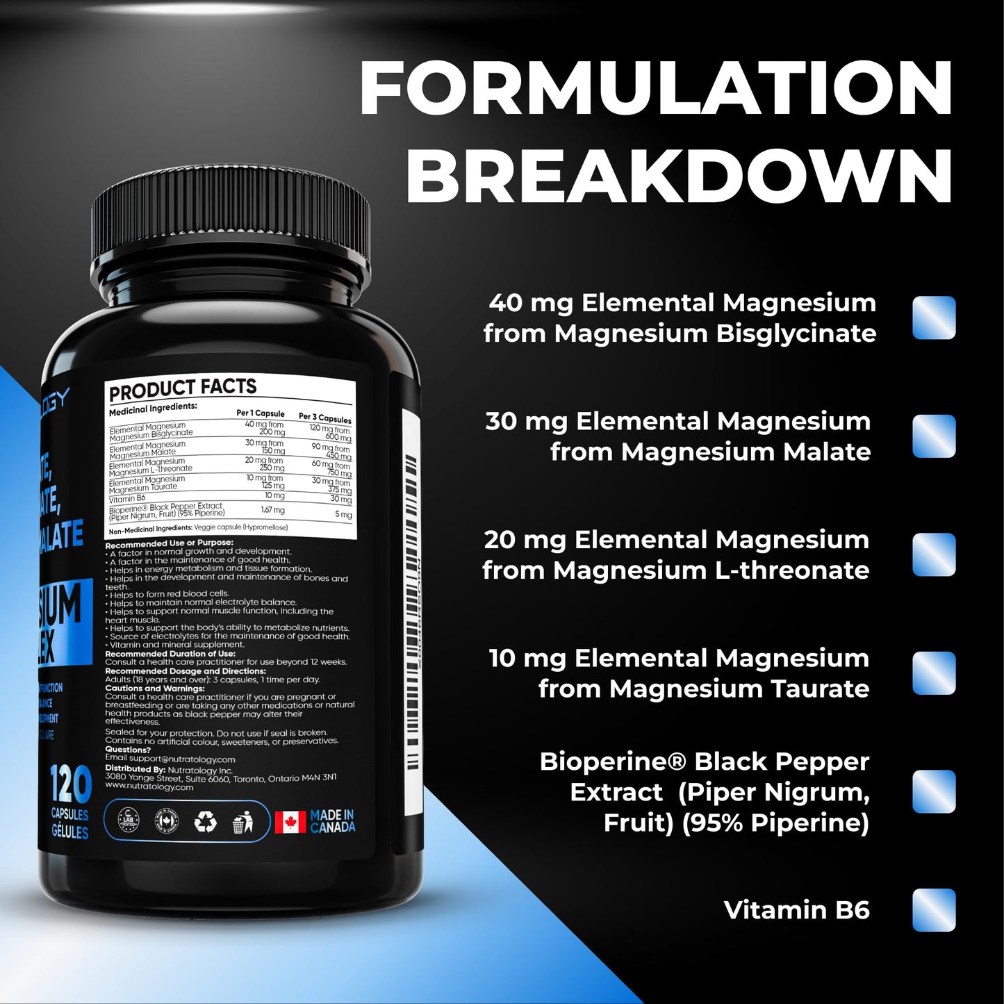 Nutratology Magnesium Complex - Glycinate, Malate, L-Threonate & Taurate With Vitamin B6 + Bioperine For Enhanced Absorption - Helps Support Healthy Bones, Muscles, Teeth & Heart - 100MG Elemental Magnesium Per Capsule - 120 Count - Available at All In One Marketplace Canada