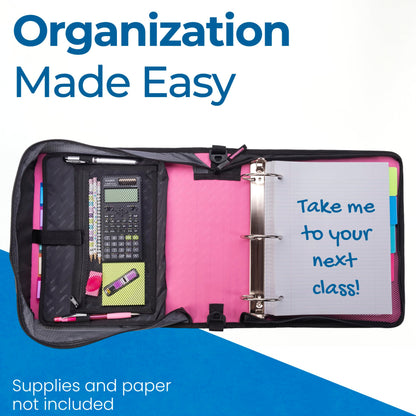 Case-it Mighty Zip Tab Zipper Binder, 3" O-Ring with 5-Color tabbes, Expanding File Folder and Shoulder Strap and Handle, D-146-Light Pink