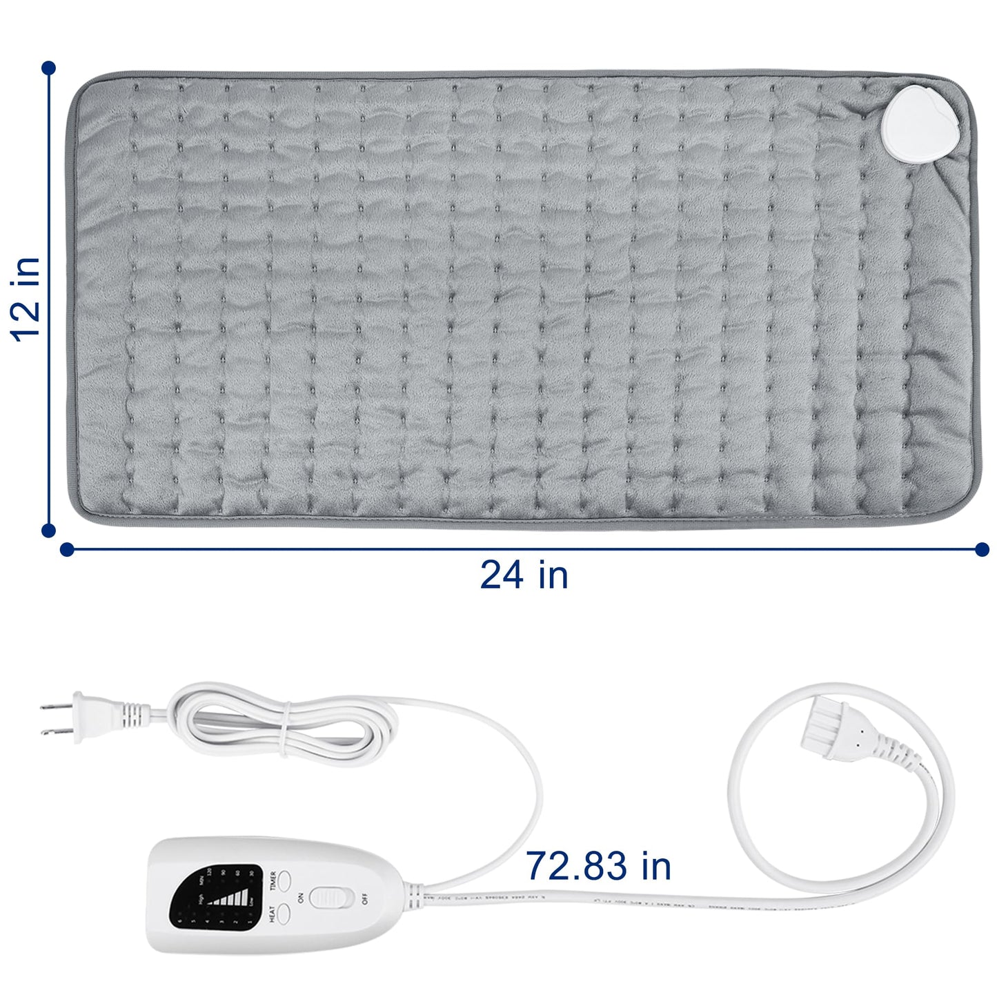 24"x12" Heating Pad, Electric Heating Pad for Dry & Moist Heat, Electric Heat Pad with Multiple Temp & Timer Settings, Auto Off, Silver Gray