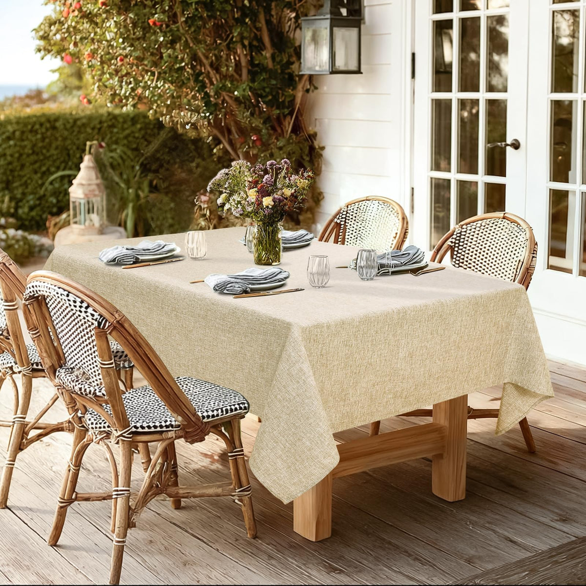 JIUZHEN 54 x 80 Inch Faux Linen Rectangle Tablecloth - Wrinkle and Stain Resistant Washable Table Cloth for Kitchen Dining Room Holiday Table Cover for Party Dinner Outdoor Picnic, Beige 🍁 All In One Marketplace Canada