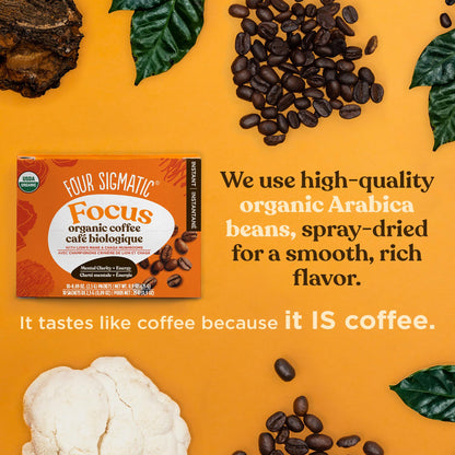 Four Sigmatic Focus Organic Mushroom Coffee Arabica Instant Coffee Singles with Lion's Mane, Chaga and Rhodiola Mushroom Coffee Instant Mix for Better Focus and Immune Support 10 Packets