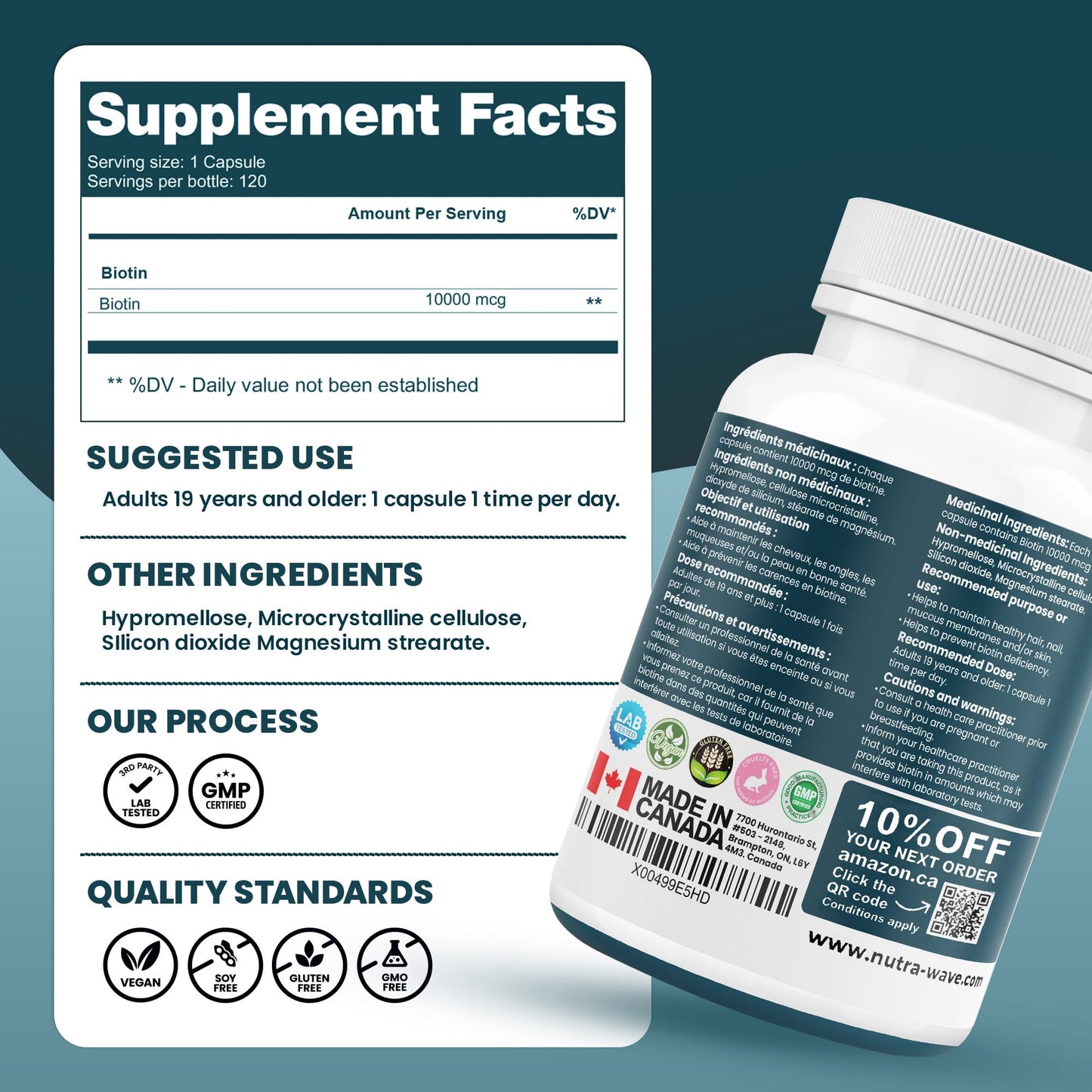 Nutrawave Extra Strength Biotin 10000mcg – Biotin for Hair Growth, Lush Hair, Glowing Skin & Strong Nails, Ideal for Women & Men, Non-GMO, Vegan, Gluten-Free. 120 Capsules - Available at All In One Marketplace Canada