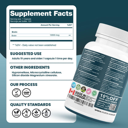 Nutrawave Extra Strength Biotin 10000mcg – Biotin for Hair Growth, Lush Hair, Glowing Skin & Strong Nails, Ideal for Women & Men, Non-GMO, Vegan, Gluten-Free. 120 Capsules - Available at All In One Marketplace Canada