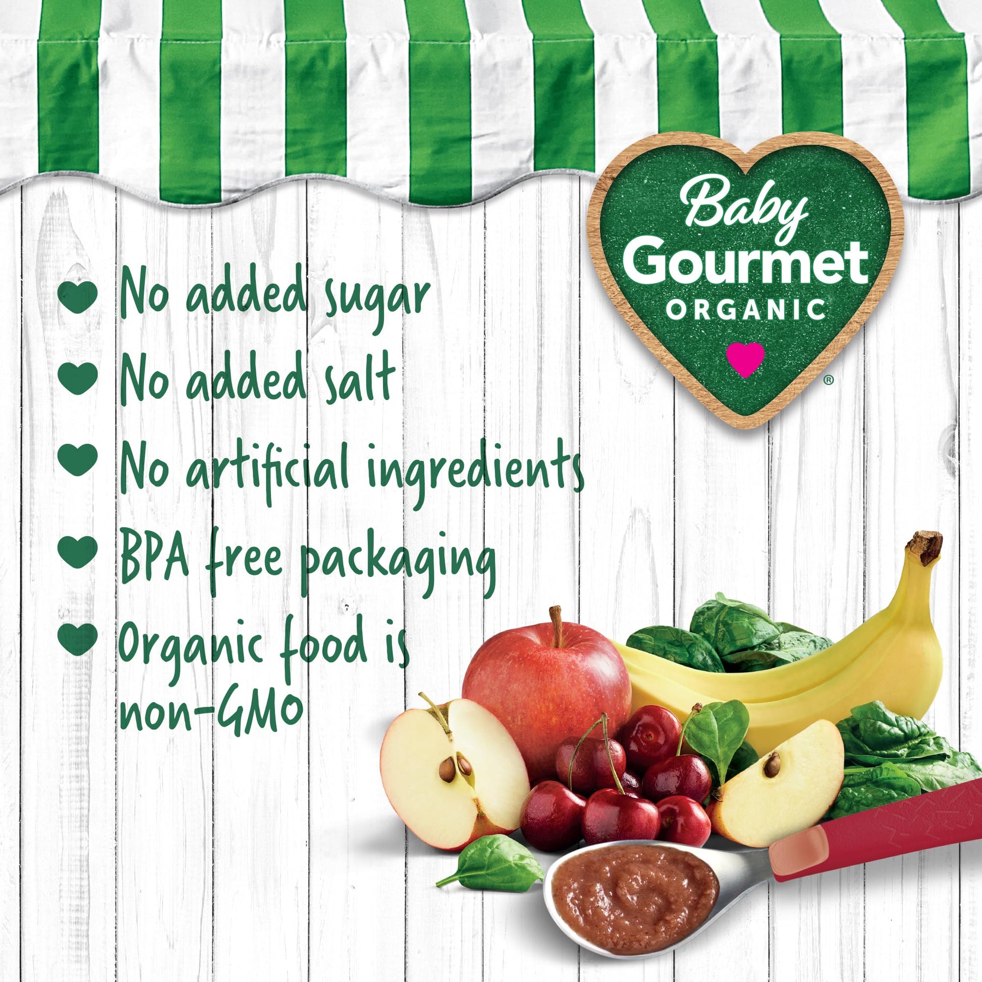 Baby Gourmet Cherry Banana & Spinach Purée, 12 × 128 mL Pouches | 6 Months+ | Organic Baby Food | No Added Sugar or Salt | Made in Canada Baby Gourmet