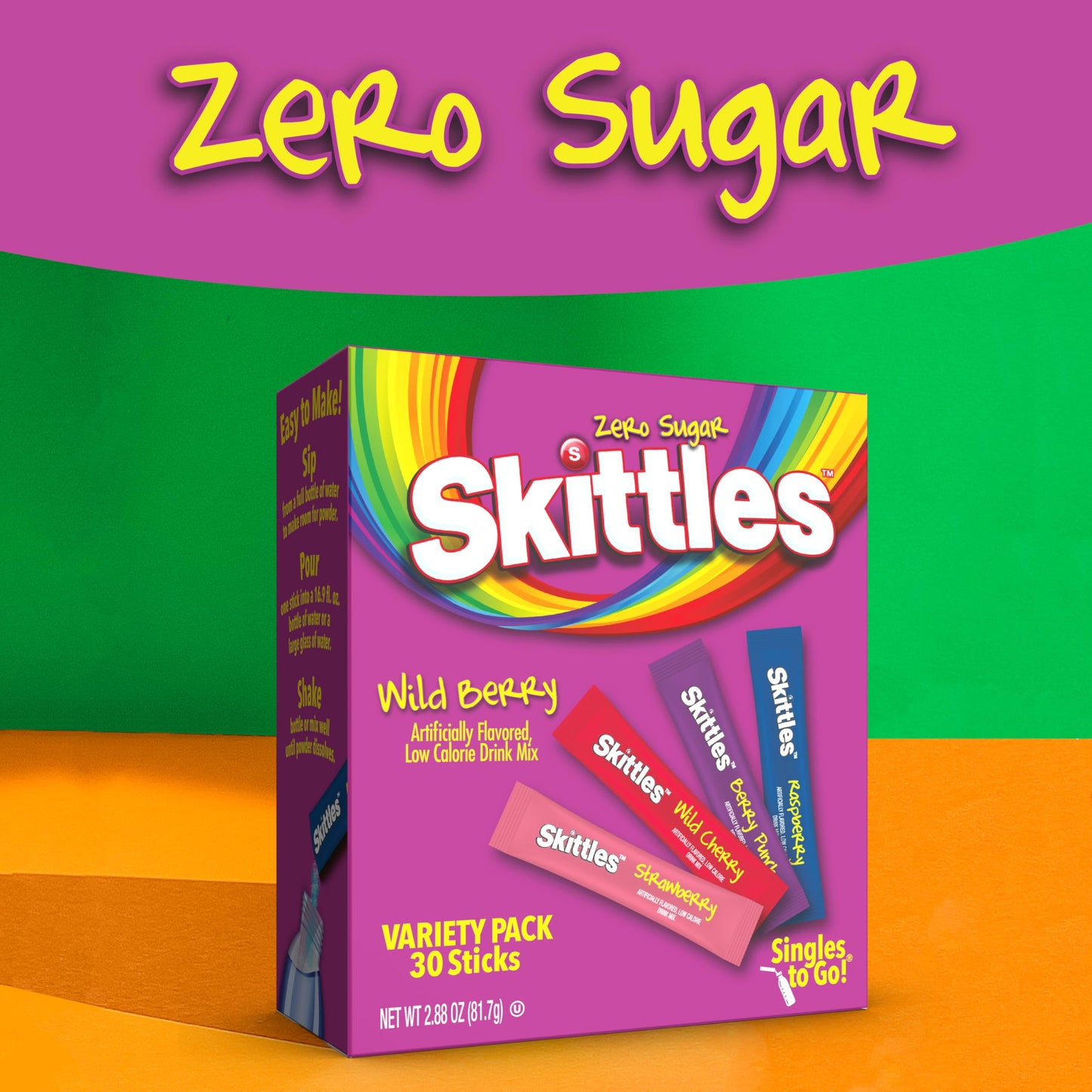 SINGLES TO GO! Skittles 30 Count Singles To Go Wild Berry Variety Pack, Powdered Drink Mix, Zero Sugar, Low Calorie, Includes 4 Flavors, Total Servings