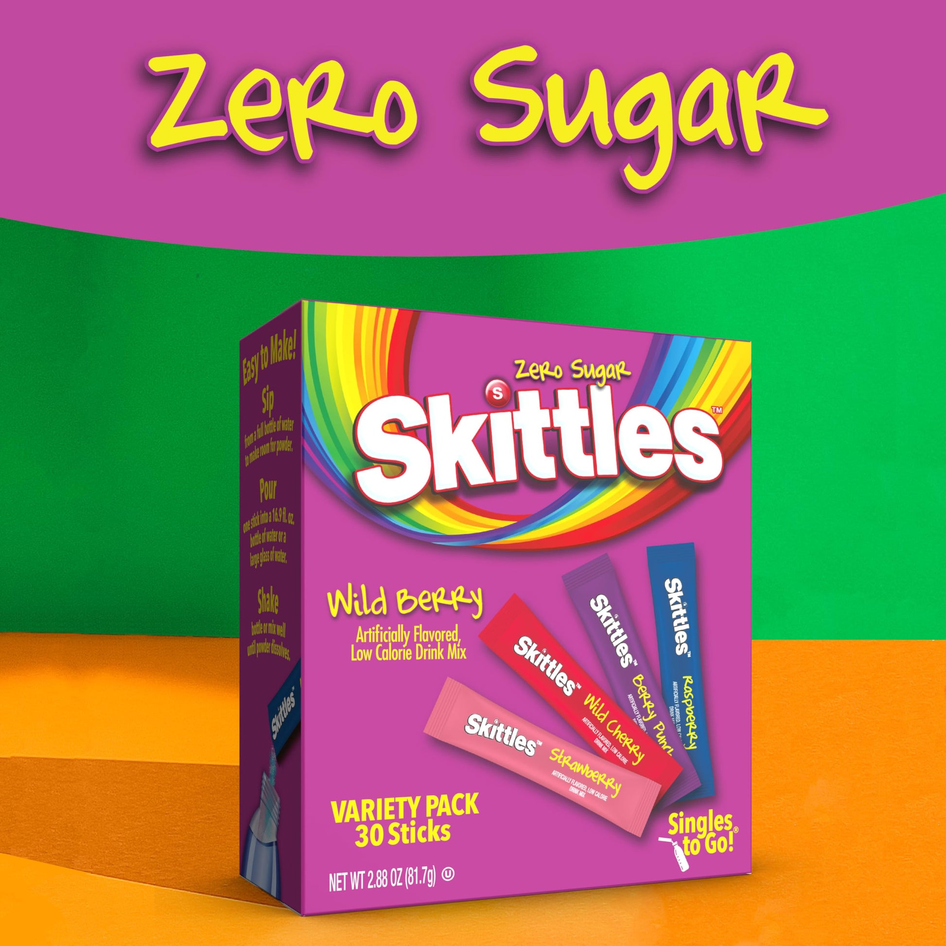 SINGLES TO GO! Skittles 30 Count Singles To Go Wild Berry Variety Pack, Powdered Drink Mix, Zero Sugar, Low Calorie, Includes 4 Flavors, Total Servings